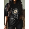 thumbnail image 3 of Women's T-Shirt Happy Time Minimalist Style Line Sunflower Short Sleeve Casual Tee Classic Crew Neck T Shirt for Women Black, XL, 3 of 7
