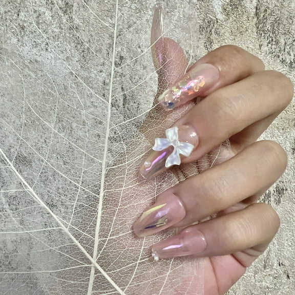 10pcs 3D Laser Bow Nude Pink Wedding Handmade Press On Nails (L)