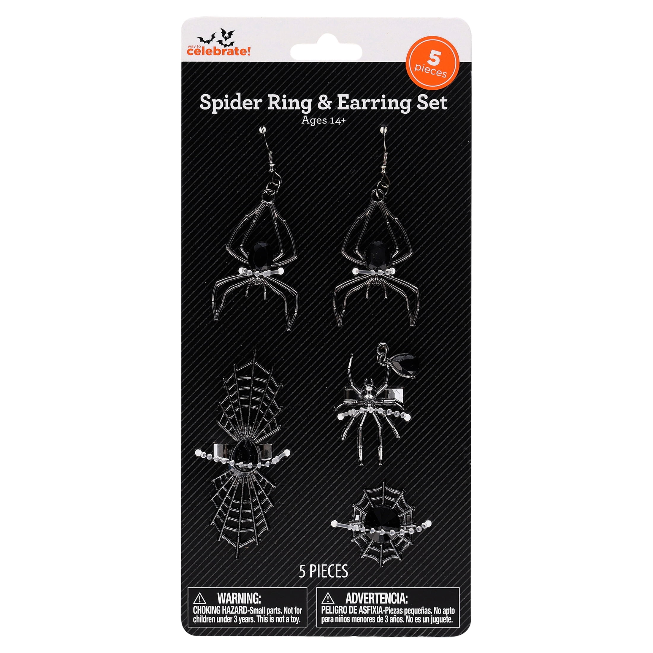 Spider Rings and Earrings Costume Accessory Set for Adults, Black, 5 Pieces, Halloween by Way To Celebrate