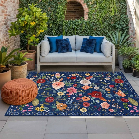 Outdoor Rug 3x5 ft Navy Blue Floral Outdoor Large Area Rug Non Slip Rubber Farmhouse Vintage Flower Front Door Mat RV Rug Camping Carpet Patio Outdoor Rugs for Backyard Balcony Deck Porch Indoor