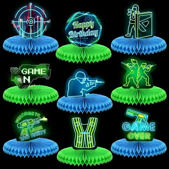 Glowing Laser Tag Party Centerpieces - Set of 9 Honeycomb Table Decorations for Boys Birthday Celebration - Laser Theme Glow Supplies for Kids