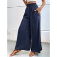 thumbnail image 5 of Women Linen Palazzo Pants Wide Leg Summer Boho High Waist Casual Lounge Pants Beach Travel Vacation Outfits Navy Blue XL, 5 of 8