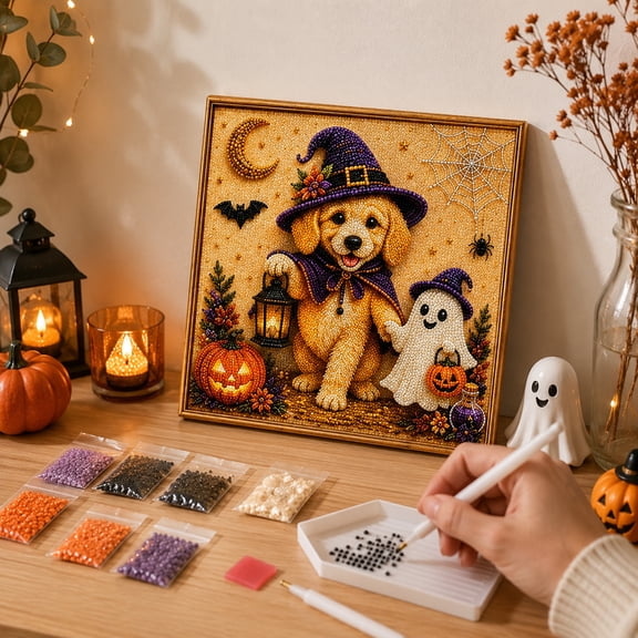 Halloween Dog Diamond Painting Kit, 2026 5D Crystal Gem Art Craft Set with Sparkling Resin Diamonds for Creative Holiday Gift