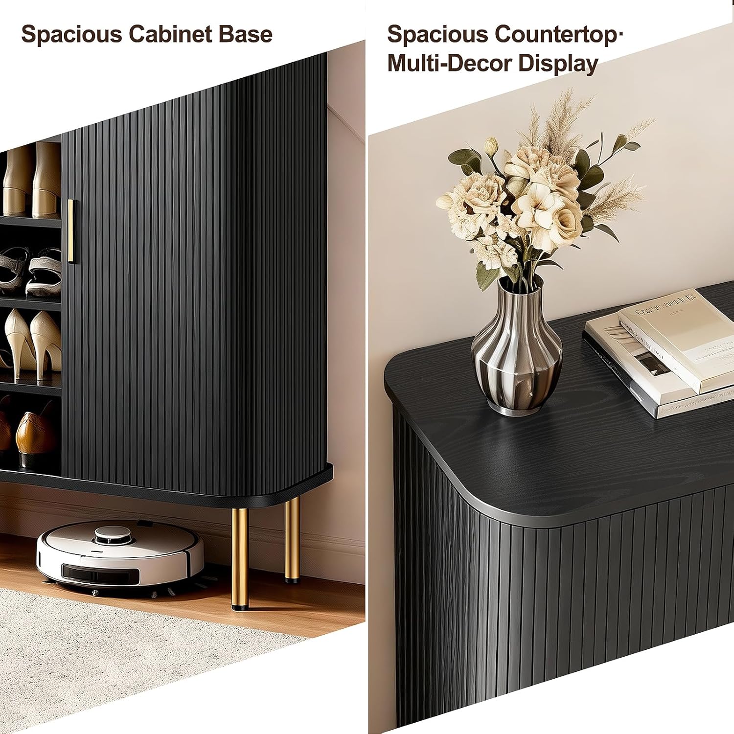 Shoe Storage Cabinet with Sliding Door, 6-Tier Shoe Cabinet with Adjustable Shelves, Mid-Century Modern Freestanding Shoe Storage Organizer for Entryway, Hallway, Living Room (Black)