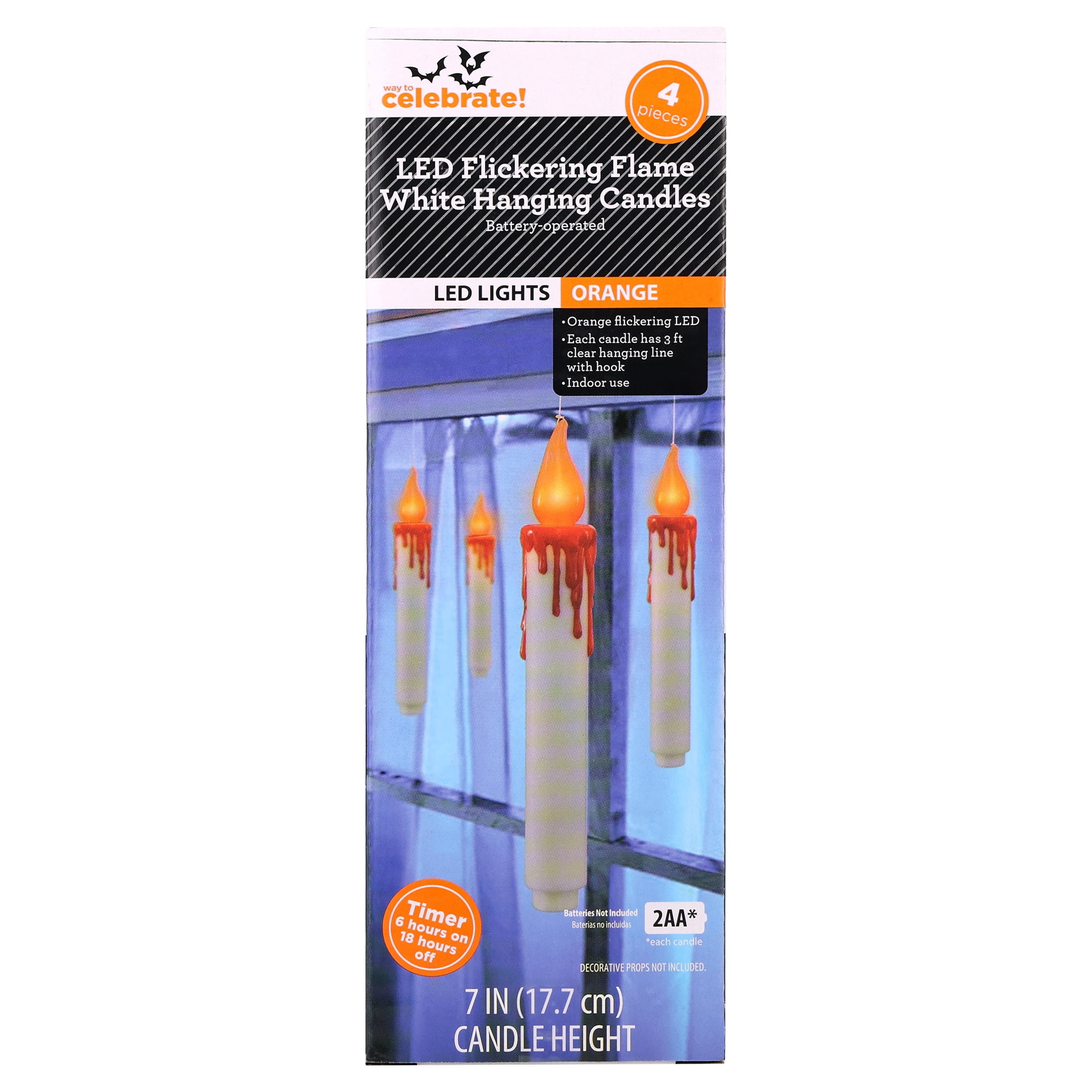 Battery-Operated LED Flickering Flame Hanging Candles, White, 7", 4 Count, Halloween by Way To Celebrate