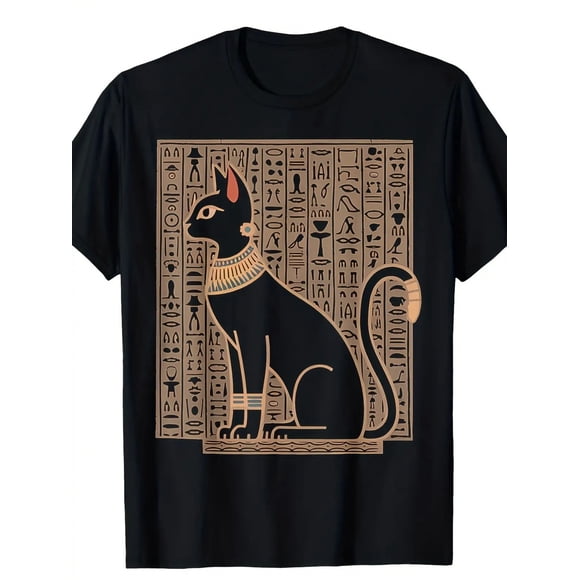 Men's Egyptian Cat God Bastet Black & Golden Ancient Egypt Mythology Graphic Tee Printed pattern short-sleeved shirt