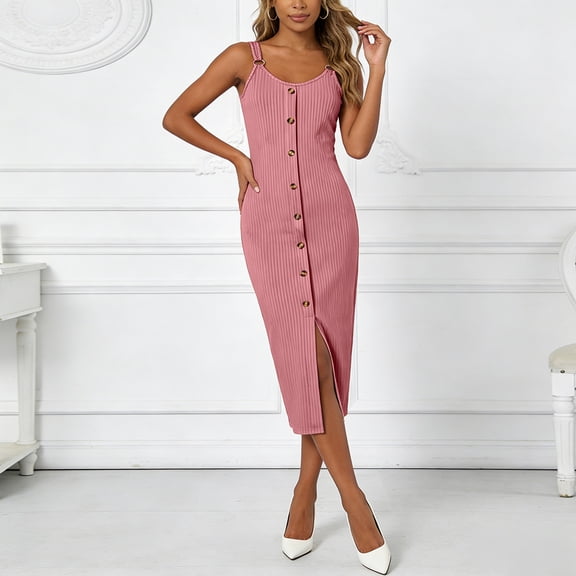 Womens Summer Casual Sleeveless Button Down Spaghetti Strap Square Neck Knit Dress Slim Fit