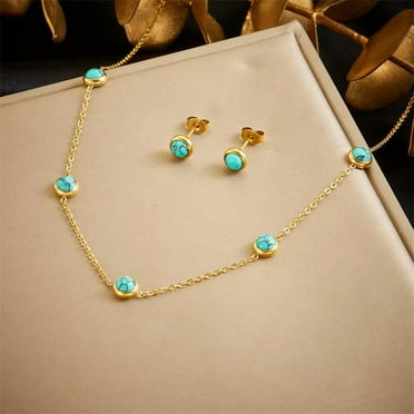 MATROOY Womens Retro 18K Gold Plated Stainless Steel Turquoise Necklace Earrings Sets