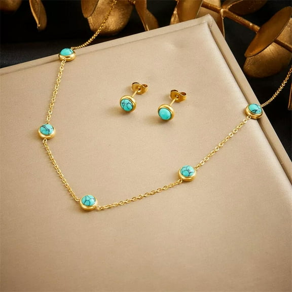 GKNET Womens Retro 18K Gold Plated Stainless Steel Turquoise Necklace Earrings Sets