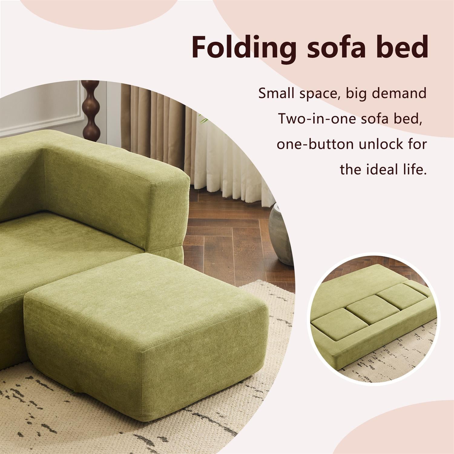 Demi Bonn Convertible Sectional Sofa with 3 Storage Ottomans, Space-Saving Chenille Couch, High-Resilience Foam for Studio Apartments & Home Offices, Green