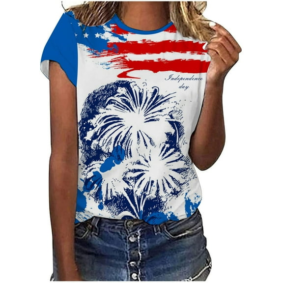 OAVQHLG3B 4th of July Outfits for Women American Flag T Shirt Summer Tops for Women Tops Printe Casual Loose Fit Tee Shirts Blouse Print Round-neck Shirt