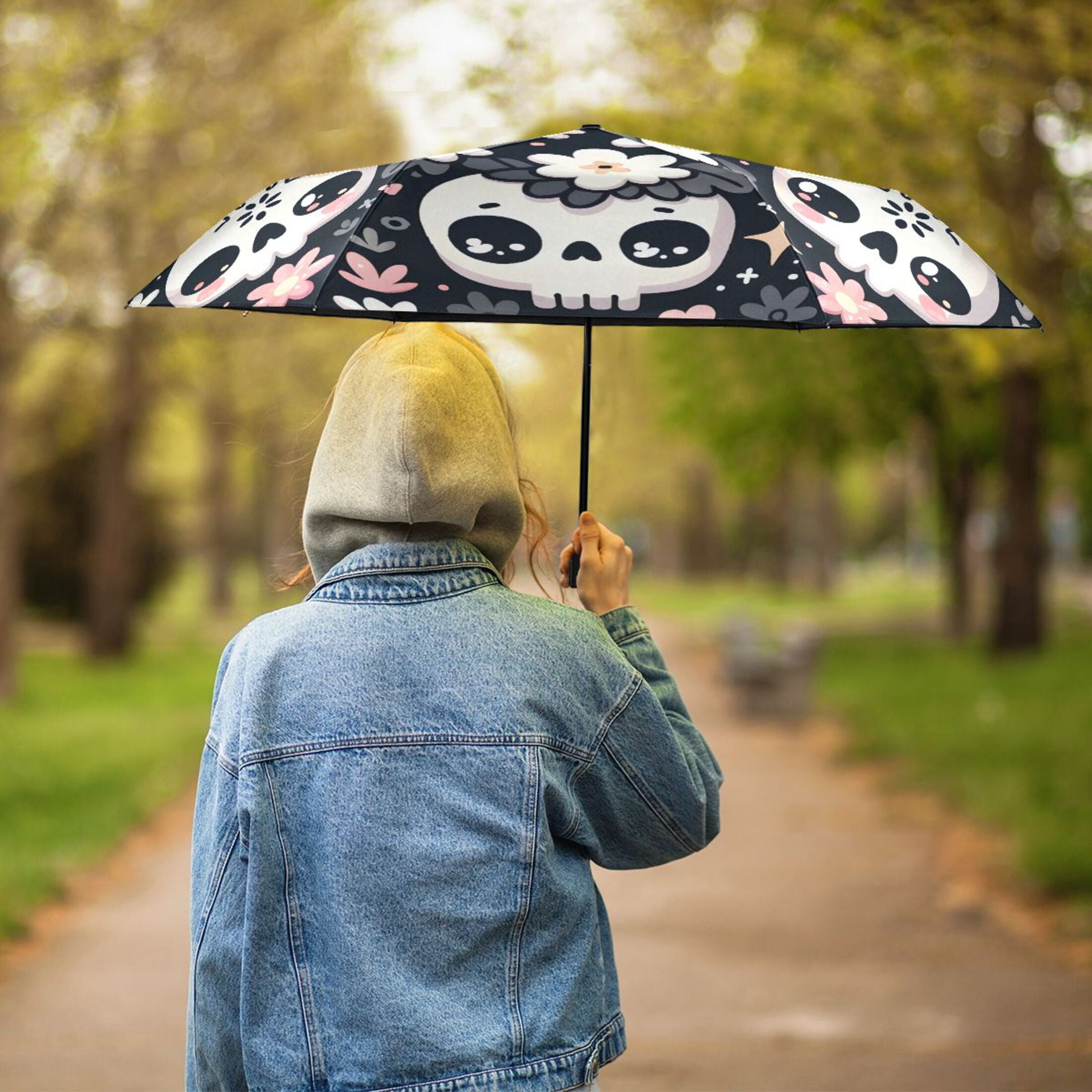 Funny Skull with Flower Compact Sun Umbrella Windproof Travel Umbrellas for Rain Strong Portable UV Protection