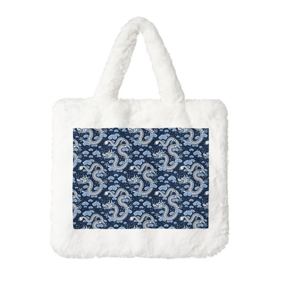 Honeii Dragons Print Fluffy Shoulder Bag Plush Bags Women Ladies Tote Bag Fluffy Furry Purse Handbag for Autumn and Winter