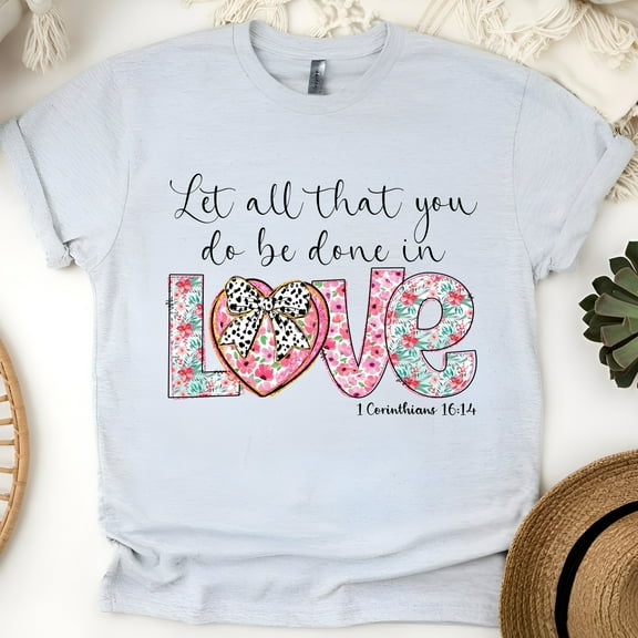Women's Short Sleeve Graphic T-Shirt, Done In Love Scripture Floral Heart, Ash, Size S