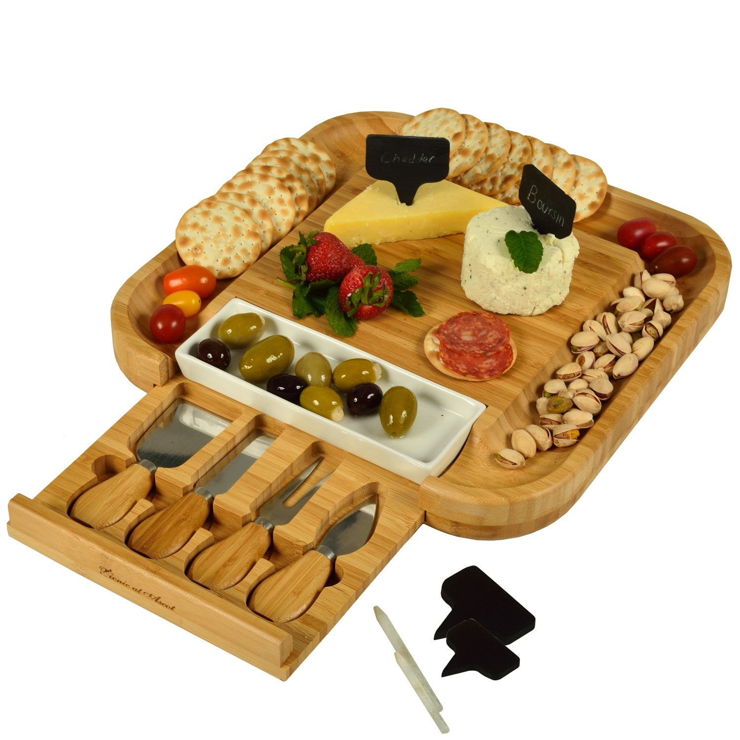 (D) Bamboo Cheese Board, Wooden Board with Tools, Chalk and Bowl