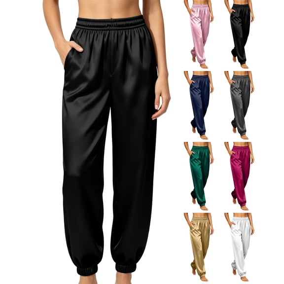 Pants for Women with Pockets Ladies Satin High Waisted Sleepwear Pajama Ankle Elastic Cuffs Pants