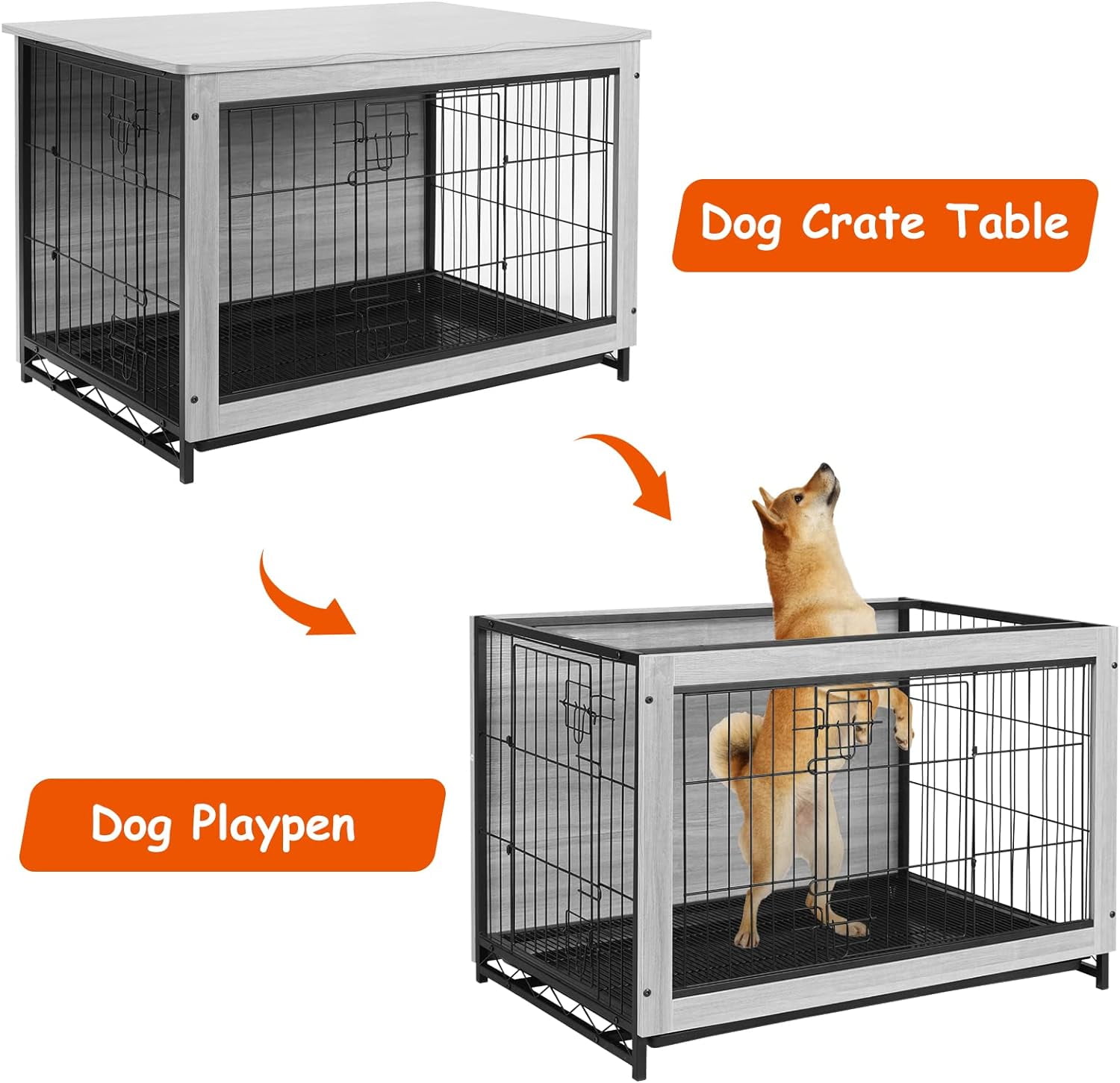 LAZY BUDDY Dog Crate Furniture, Large Dog Kennel Wooden Pet Furniture with Pull-Out Tray, Double Doors, 44.1 "L x 29.5 "W x 32.3 "H (Gray)