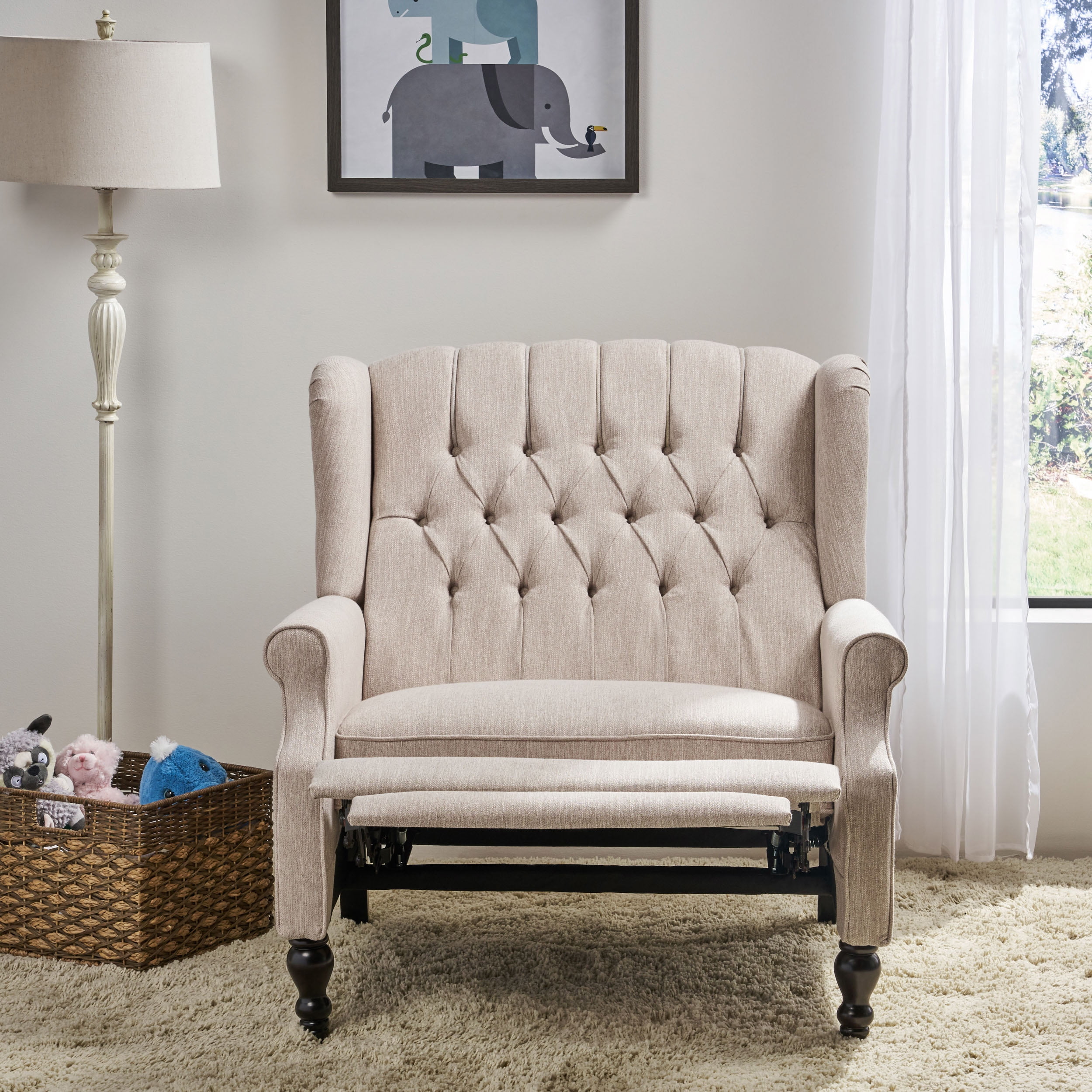 GDF Studio Dunham Contemporary Fabric Tufted Oversized Pushback Recliner, Beige and Dark Brown