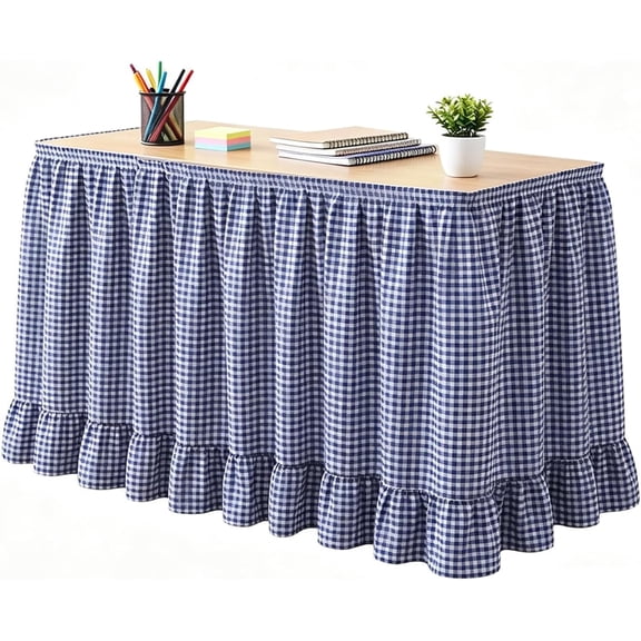 Teacher Desk Skirt for Classroom, 6ft Gingham Table Skirt with Ruffled Fabric Design, Hook and Loop Desk Cover for Teacher Desk, Decorative Table Skirt