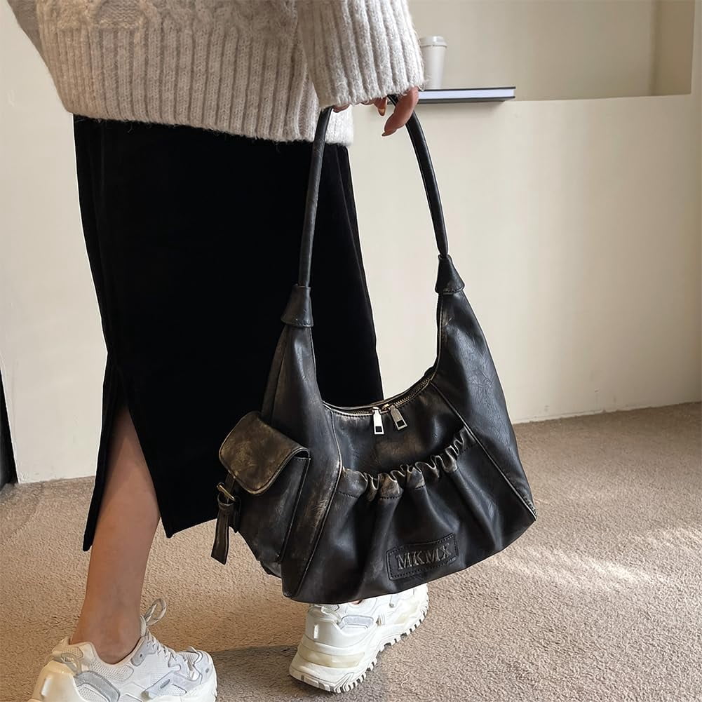 CAILDANL Hobo Bag Washed Leather Tote Bag Retro Crescent Shoulder Bag Y2K Aesthetic Grunge Bag Purse for Women