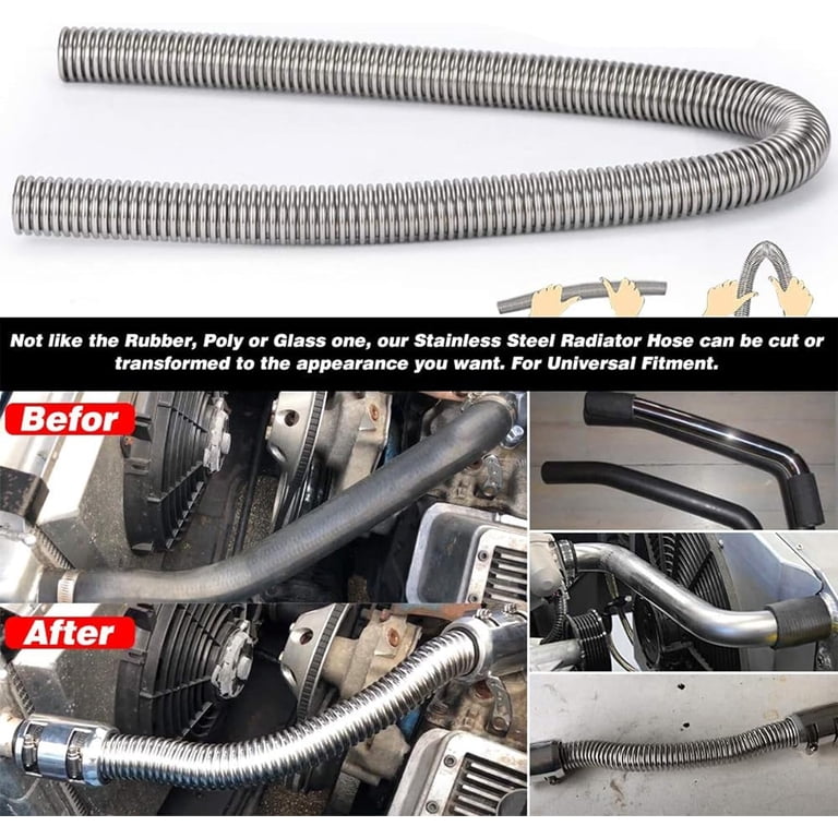 48 In Stainless Steel Universal Radiator Flexible Coolant Water Hose W/ Caps Kit