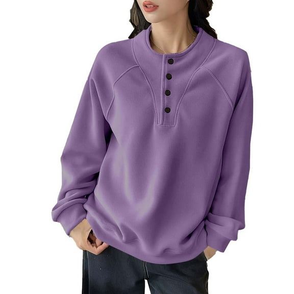 APEXFWDT Women's Polar Fleece Sweatshirt Button-Collar Raglan Sleeve Pullover Solid Color Warm Long Sleeve Casual Top for Fall Winter