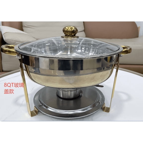 WARMOUNTS Gold Chafing Dishes for Buffet 2/4 Pack, Stainless Steel Chafing Dish Buffet Set 8QT, Round Chafing Dishes with Glass Lid for Party Events Wedding