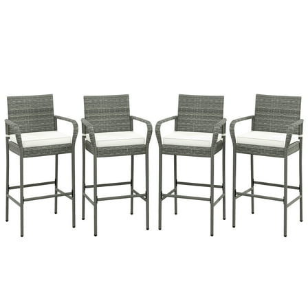 Gymax Set of 4 Rattan Patio Bar Stools Outdoor Bar Height Chairs w/ Cushions