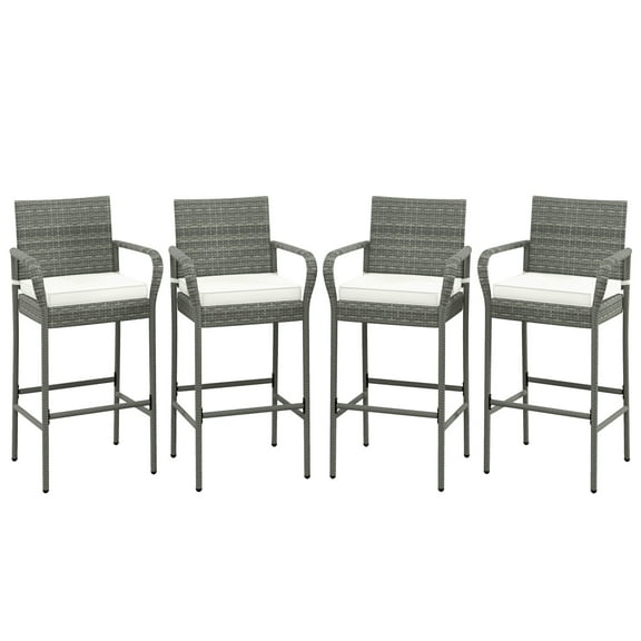 Gymax Set of 4 Rattan Patio Bar Stools Outdoor Bar Height Chairs w/ Cushions
