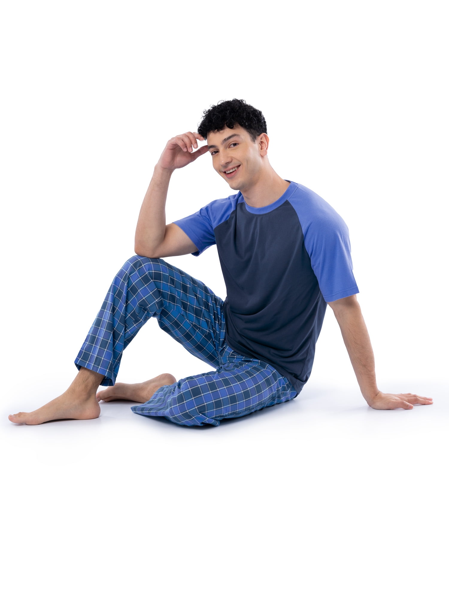 Fruit of the Loom Men's Raglan Short Sleeve T-shirt and Plaid Pajama Sleep Pant Set, Sizes S-2XL