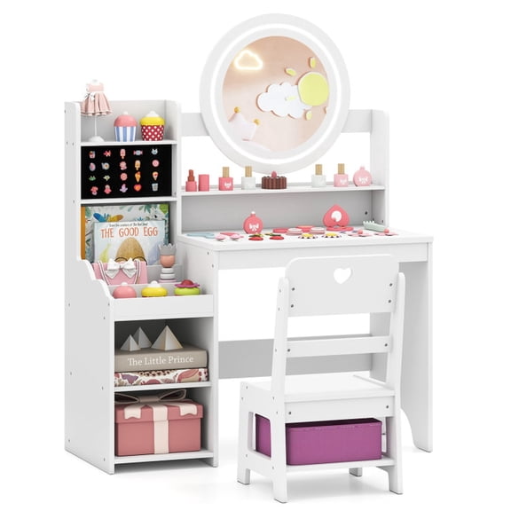 Furnibear Kids Vanity Desk with Mirror and Lights and Chair Princess Pretend Play Dressing Table Set for Girls Bedroom, White