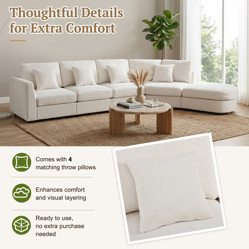 160.4" Oversized Curved Modular Sectional Sofa, Modern 5-Seater Chenille Cloud Couch with Deep Seats, Solid Wood Frame, 4 Throw Pillows for Living Room