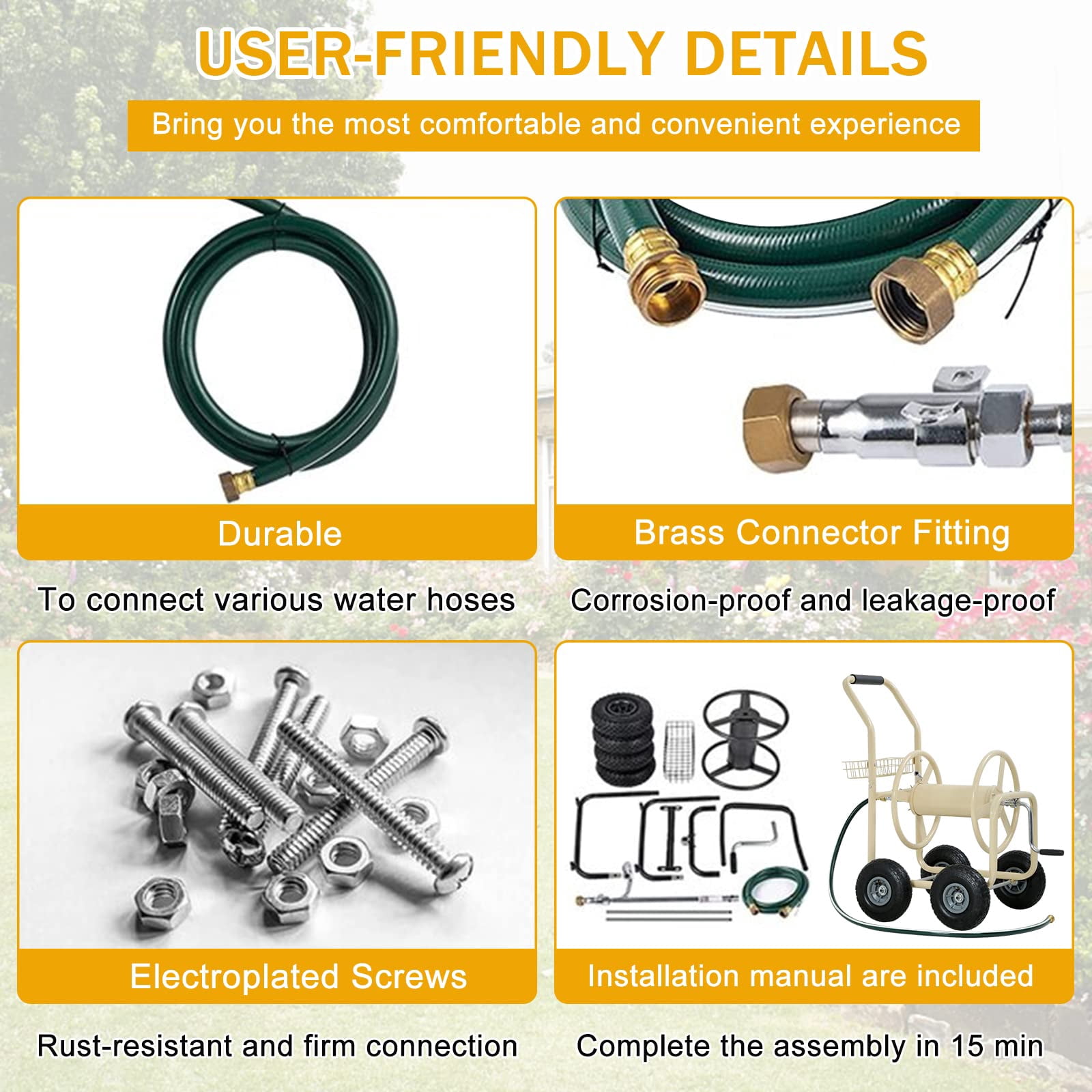 Garden Hose Reel Cart,  Hose Reel Cart with  4 Wheels, Heavy Duty Outdoor Water Planting Truck with Storage Basket (Tan)