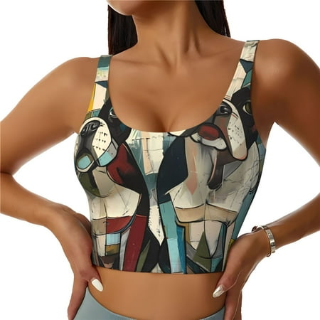 Adobk Colorful Bulldog Duo Print Sports Bras for Women Longline Workout Crop Tank Tops Padded with Built in Shelf Padded Sports Bra-X-Large