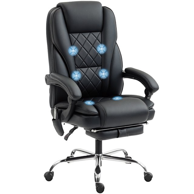 Vinsetto Massage Chaise de Bureau en Cuir PU Noir avec Conception Inclinable et six points de Massage par vibration. Comprend un Dossier Courbé, un Rembourrage Épais, une Hauteur d'Assise Réglable, un angle d'Inclinaison de 135°, un Repose-Pieds et une Télécommande Filaire avec une Pochette Latérale pour le Rangement. la Chaise a un Dossier à Losanges, des Roulettes en PU à Roulement Fluide et une Capacité de Poids de 264 Lb. Convient pour une Utilisation comme Chaise de Bureau d'Ordinateur Ou Chaise de Direction.