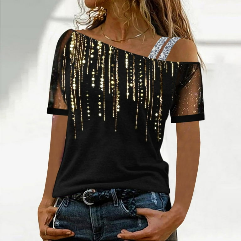 Baberdicy Sequin Tops for Women Women Casual Sequin Printed Top Shirt Mesh Short Sleeve Cold Shoulder Sexy Shirt Loose Splice Blouse Top Womens Tops Gold Walmart