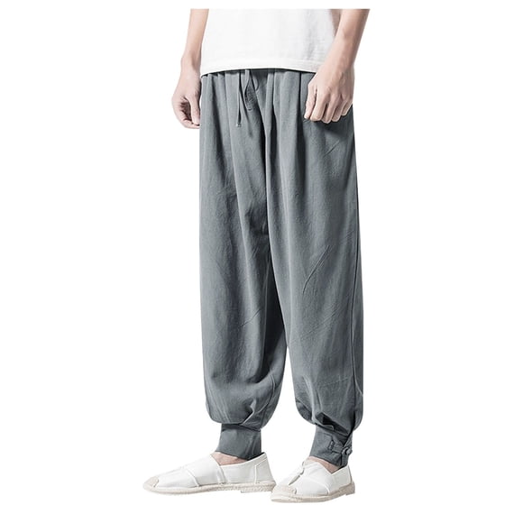 Men's Drawstring Pants - Summer Baggy Boho Yoga Trousers, Cotton Fabric, Adjustable Waist, Drop Crotch Design