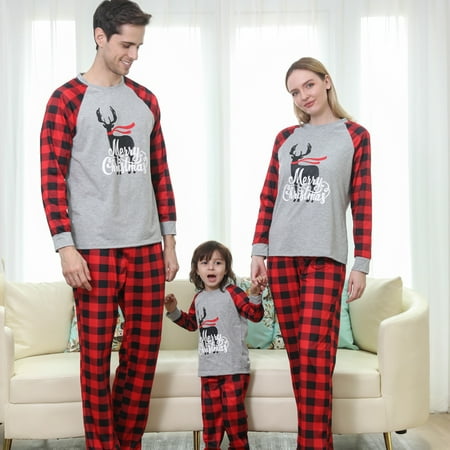 

Matching Family Christmas Pajamas Women Men Plaid Deer Sleepwear Elk Clothes Pjs