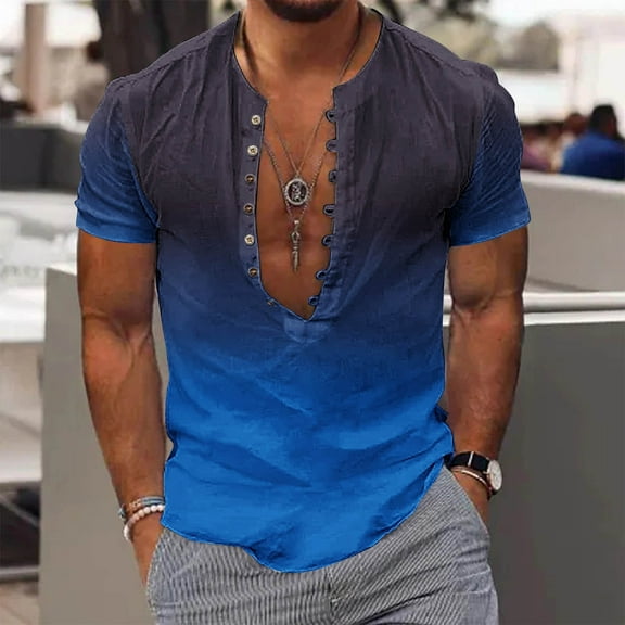 S-5XL Plus Size Shirts for Men Big & Tall Short Sleeve Tshirts Button Deep V Neck Pullover Gradient Printed Breathable Casual Going Out Tops