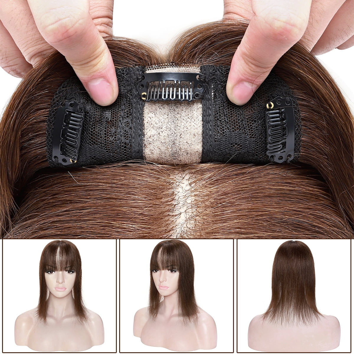 SEGO Clip in Hair Extensions Human Hair Toppers with Bangs 100% Real Human Hair for Thinning/Loss Hair Natural Black Hair Pieces