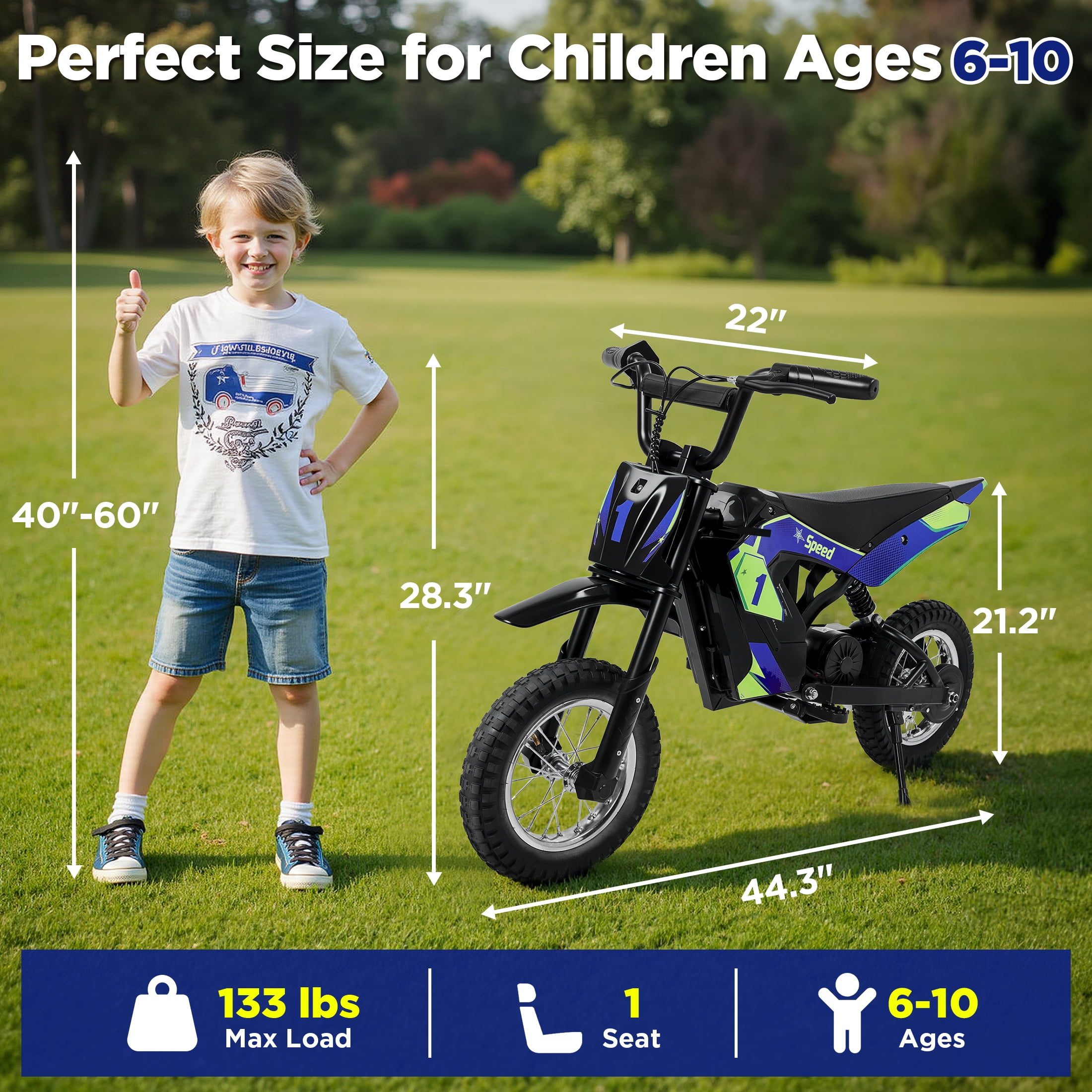 Hijoke 36V Kids Electric Dirt Bike, 15.5 MPH High-Speed Electric Motorcycle Ride on Toy for Kids Above 6, 133 LBS Max Load, 10-Mile Range, Waterproof Seat, Twist Grip Throttle, Blue & Green