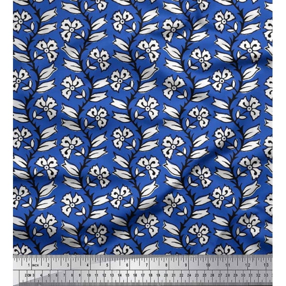 Soimoi Satin Silk Fabric Leaves & Floral Block Print Fabric by The Yard 42 Inch Wide