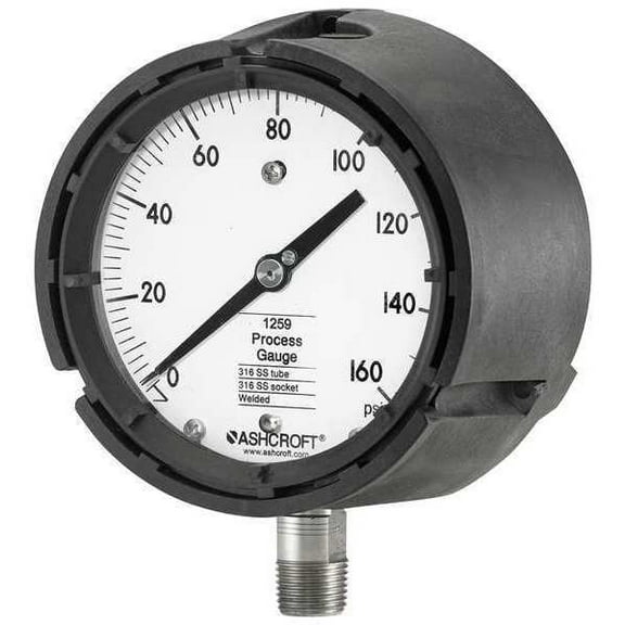 Process Pressure Gauge, 0 to 160 psi, 4 1/2 in Dial, 1/2 in NPT, Bottom Location