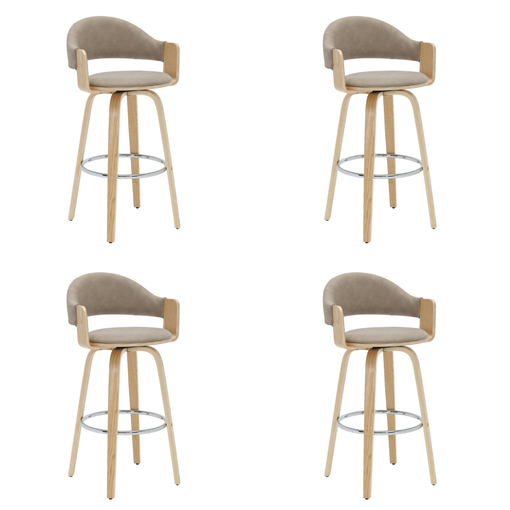 Daxton 40 in. H Swivel Bar Height Vintage Taupe Round Back Wood Bar Stool with Faux Leather Seat Set of 4
