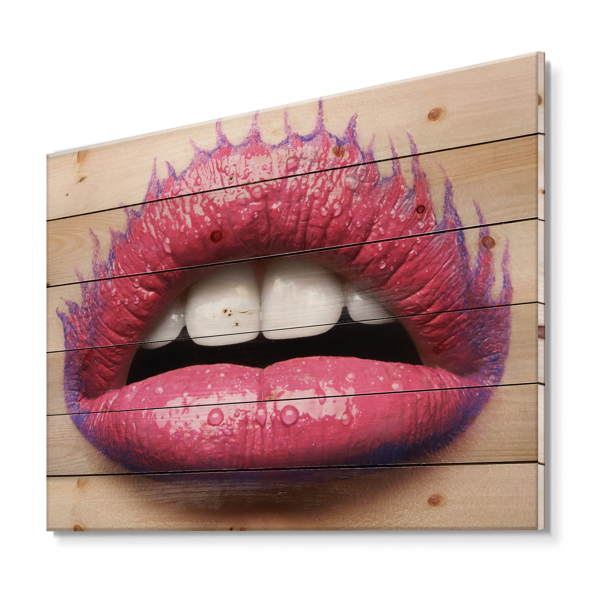 Designart 'Beautiful Woman Lips With Pink Lipstick' Modern Print on Natural Pine Wood