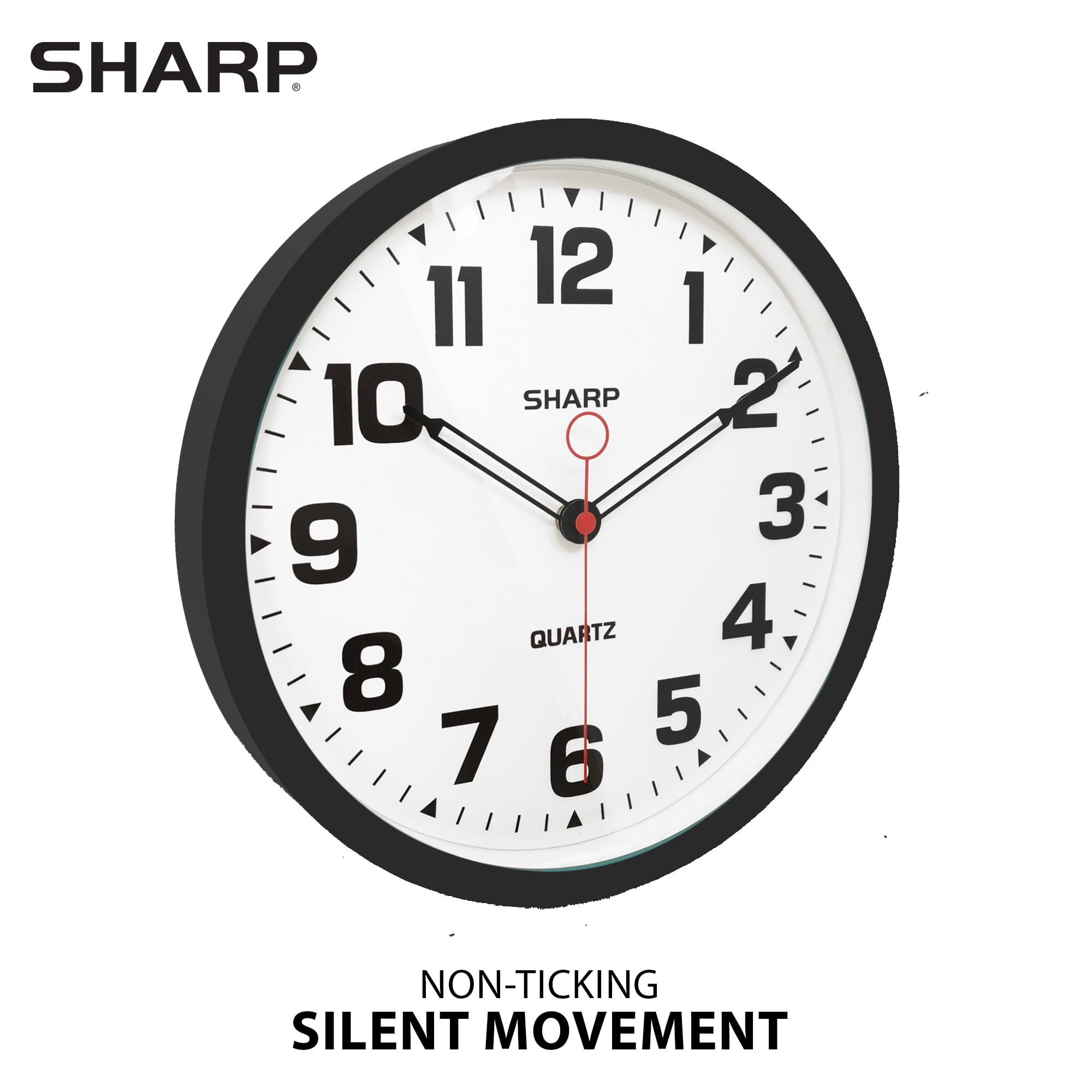 Sharp Matte Black Wall Clock 12" Non-Ticking Modern Style Quartz Analog Display Battery Operated