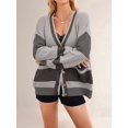 thumbnail image 3 of Women'S Fall Color Block Oversized Cardigan Sweater V-Neck Button Down Knit Cardigan Jacket Grey L, 3 of 6