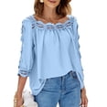 thumbnail image 3 of Women Half Sleeve Top Lace Patchwork Hollow Out Loose Fitting Pure Color Pullover Shirt Sky Blue XL, 3 of 6