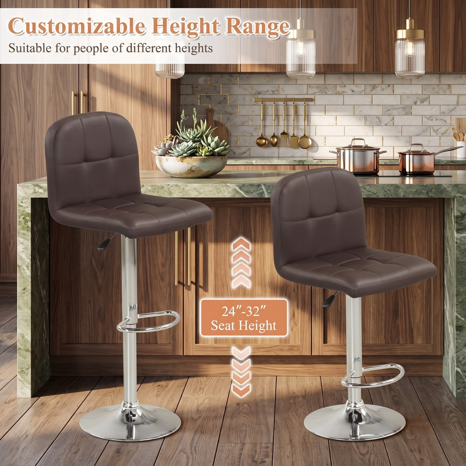 Furnibear Swivel Bar Stools Set of 2, 24-32 Inch Adjustable Height Counter Height Barstools with Footrest, 360 Degree Swivel Faux Leather Padded Kitchen Island, Brown