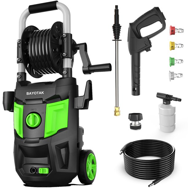 Hidrolavadora eléctrica BAYOTAK, 5200 PSI máx., 3.4 GPM, máquina de limpieza de alta presión con cañón de espuma, cable de alimentación de 35 pies, manguera de 20 pies, 4 boquillas de conexión, carret